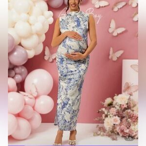 Maternity Floral Blue and White Dress